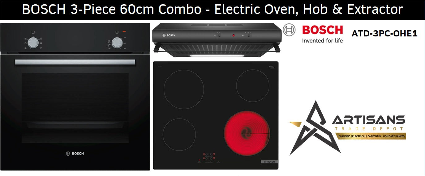 BOSCH Built-In 3-Piece Black Combo -  Electric Oven, Electric Hob & Under-Cabinet Extractor