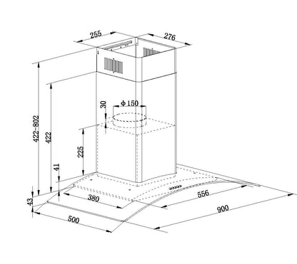 Falco 90CM Curved Black Glass S/Steel Chimney Extractor FAL-90-38SG-B