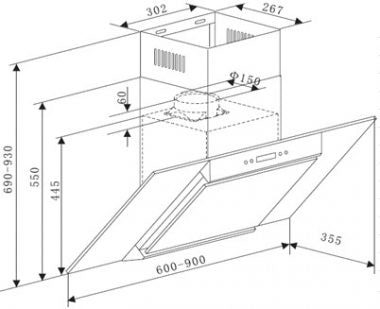 FALCO 60cm 45 Degree S/Steel & Glass Chimney Wall Mount EXTRACTOR - FAL-60-30SG