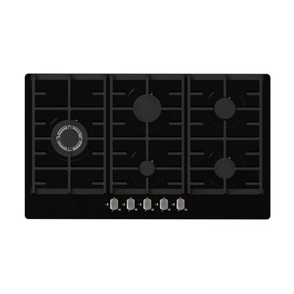 FALCO 5 Plate 90cm Black Glass Gas Hob FAL-BGH-90