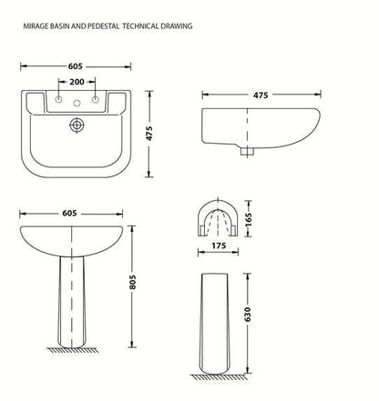 BETTA Mirage Wall Hung Basin &, Floor-mounted Pedestal - Artisans Trade Depot